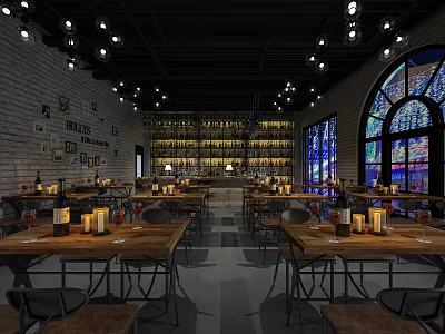 Rustic Bar Interior With Brick Walls Wine Racks Stained Glass Windows And Wooden Tables 3d model