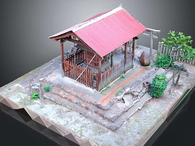 Traditional Wooden Pavilion Model With Red Roof Fence Stone Urn Steps And Trees 3d model