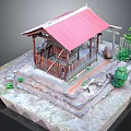 Traditional Wooden Pavilion Model With Red Roof Fence Stone Urn Steps And Trees