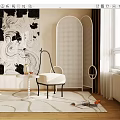 Accent Chair With Black And White Abstract Painting White Rattan Divider Rug And Natural Light