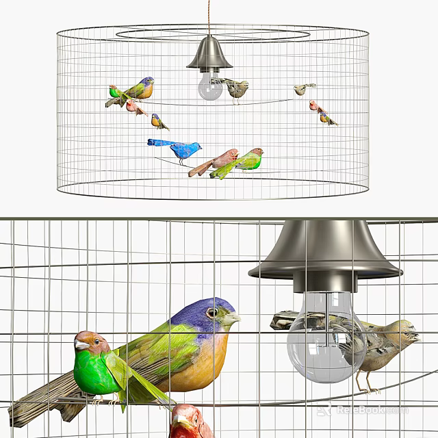 Stylish Wire Mesh Shade Chandelier Adorned With Colorful Birds In Interior 3d model 