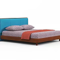 Modern Double Bed With Blue Headboard Wooden Frame Two Pillows Patterned Bedspread And Orange Blanket 3d model