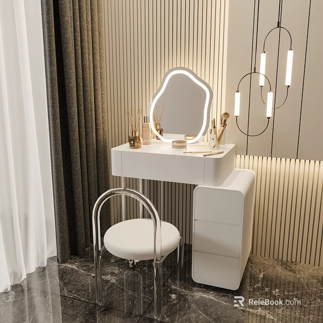 White Modern Dressing Table With Curved Mirror Soft Cushioned Chair Hanging Lights And Cosmetics Decorations 3d model 