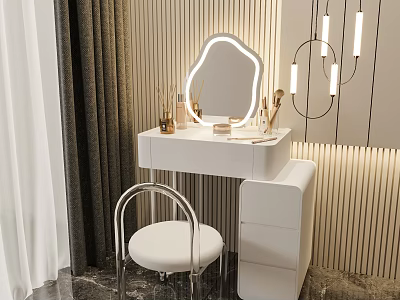 White Modern Dressing Table With Curved Mirror Soft Cushioned Chair Hanging Lights And Cosmetics Decorations 3d model
