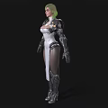 Woman With Green Hair Wearing White Bodysuit And Silver Gold Mechanical Armor Against Black Background