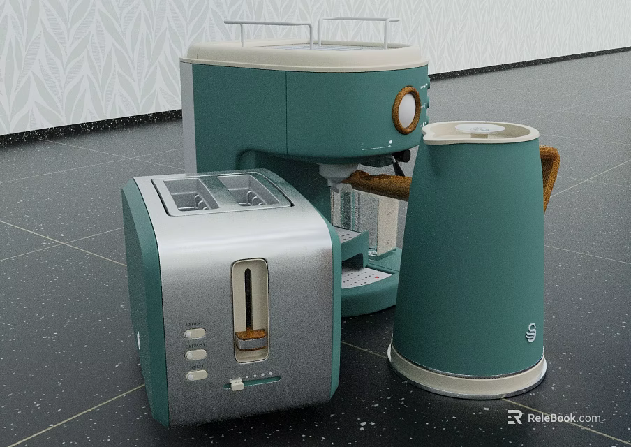 Modern Green and Silver Kitchen Appliances Including Coffee Machine Toaster and Kettle 3d model 