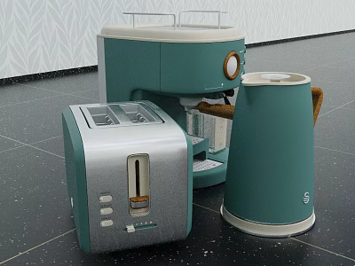 Modern Green and Silver Kitchen Appliances Including Coffee Machine Toaster and Kettle 3d model