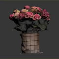 Fresh Pink And Orange Roses In Checkered Vase On Patterned Mat With Dark Background