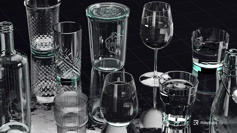 Assorted Glass Cups With Different Shapes And Designs On Reflective Black Surface 3d model