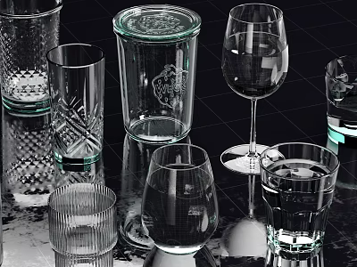 Assorted Glass Cups With Different Shapes And Designs On Reflective Black Surface 3d model