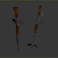 Vintage Military Rifles with Wooden Stocks Tripod Stand and Scope on Dark Reflective Surface