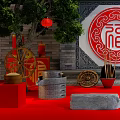 Traditional Chinese Festival Decorations With Red Fu Characters Lanterns And Stone Mill