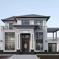 Classical Style Two Story Detached Villa With White Exterior Dark Roof And Front Porch Balcony