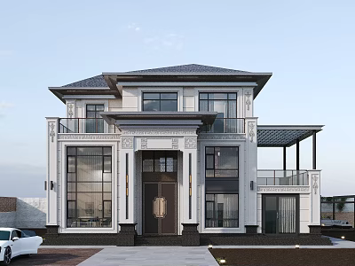 Classical Style Two Story Detached Villa With White Exterior Dark Roof And Front Porch Balcony 3d model