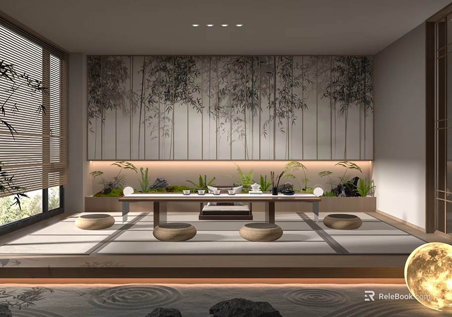 Modern Tea Room Interior With Bamboo Pattern Backdrop Tatami Flooring Low Table And Round Cushions 3d model 