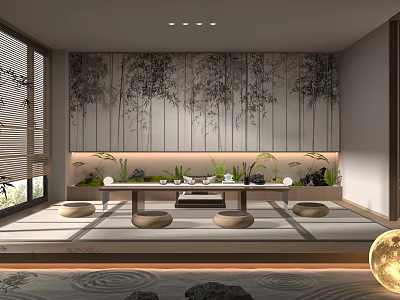 Modern Tea Room Interior With Bamboo Pattern Backdrop Tatami Flooring Low Table And Round Cushions 3d model