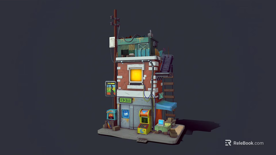 Cartoon Style Multi Level Small Shop Building With Staircase Signboard Window And Awning Details 3d model 