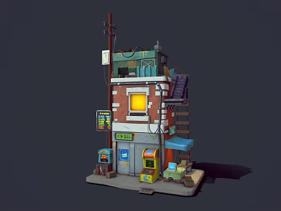 Cartoon Style Multi Level Small Shop Building With Staircase Signboard Window And Awning Details 3d model