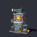 Cartoon Style Multi Level Small Shop Building With Staircase Signboard Window And Awning Details