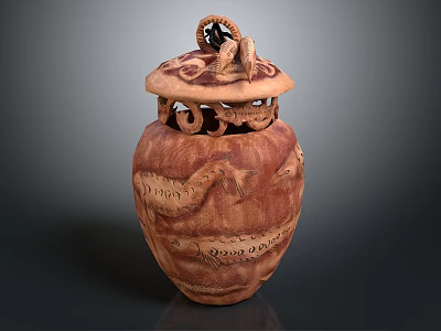 Hand Carved Ceramic Jar Sculpture With Dragon Design And Ornate Lid 3d model