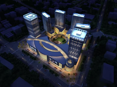 Modern Illuminated Commercial Complex Night View With High Rise Buildings And Central Square 3d model