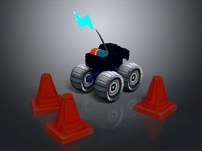 Gray Terrain With Black Vehicle Blue Flag And Orange Traffic Cones 3d model