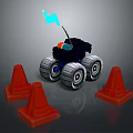 Gray Terrain With Black Vehicle Blue Flag And Orange Traffic Cones