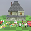 Cartoon Characters Standing in Front of Classic House with Green Lawn and Group Gathering
