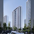 Modern High Rise Residential Buildings With Glass Windows And White Sculptural Trees