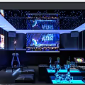Stylish KTV Interior Featuring Starry Ceiling Large Screen Sofas Neon Lights And Glasses