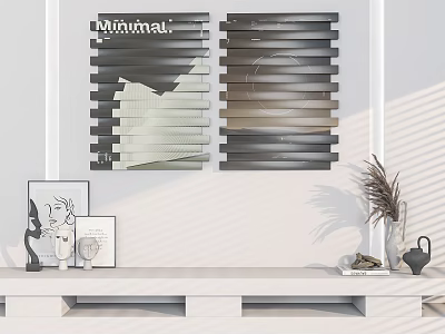 Minimal Interior Decor With Striped Wall Art And Shelf Decor Items On White Shelf 3d model