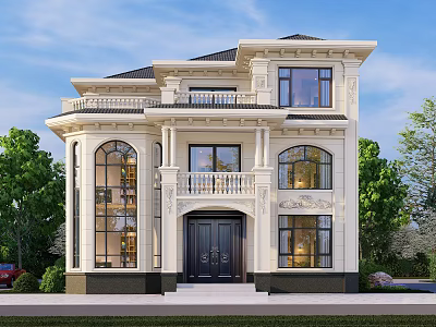 European Style Three Story Single Family Villa With Large Windows Decorative Carvings And Green Trees 3d model