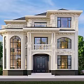 European Style Three Story Single Family Villa With Large Windows Decorative Carvings And Green Trees