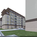Elegant Row Of Townhouses With Waterfront Green Lawn Brown Beige Facade And Trees