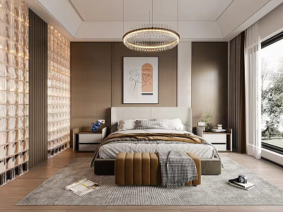 Elegant Bedroom Interior With Upholstered Headboard Framed Artwork Crystal Chandelier Wooden Nightstands And Tufted Bench 3d model
