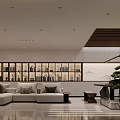 Modern Basement Living Room With White Sofa TV Wooden Ceiling And Green Plant