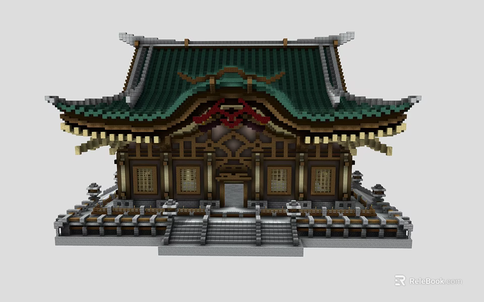 Traditional Ancient Architecture With Green Roof Overhanging Eaves Stone Steps And Wooden Structure 3d model 