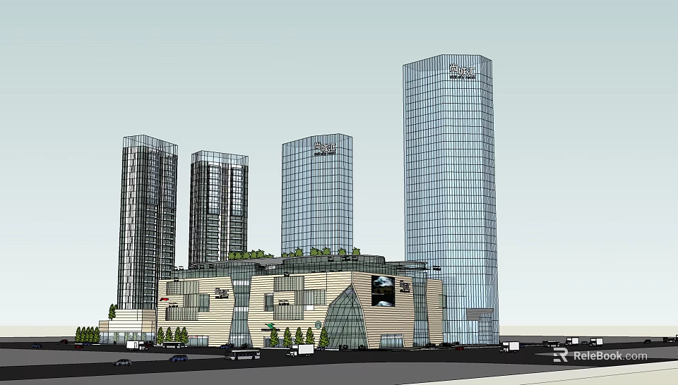 Modern Commercial Street With Glass Curtain Wall High Rise Buildings And Greenery 3d model 
