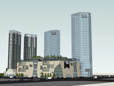 Modern Commercial Street With Glass Curtain Wall High Rise Buildings And Greenery 3d model