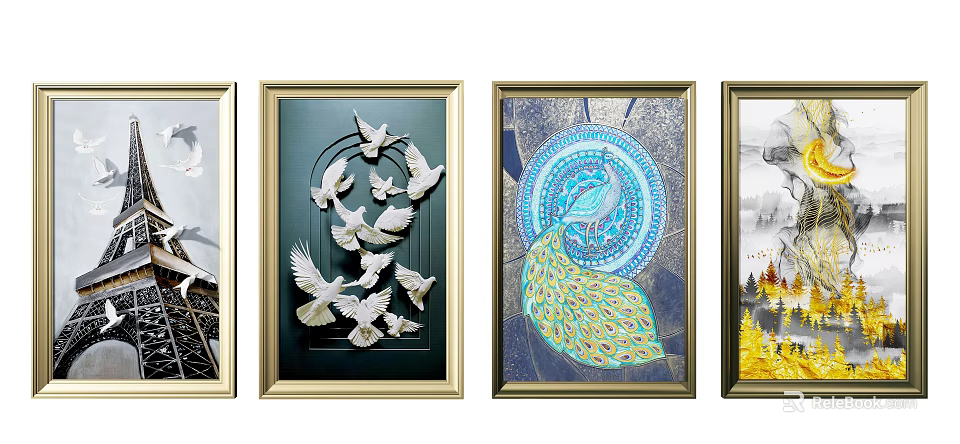 Framed Decorative Wall Art With Bird Motifs Peacock Pattern And Landscape Designs 3d model 