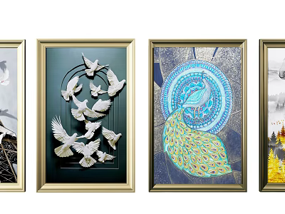 Framed Decorative Wall Art With Bird Motifs Peacock Pattern And Landscape Designs 3d model