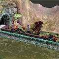 Cartoon Scene Of Train On Track With Cave Umbrella Figures Red Flowers And Green Grass