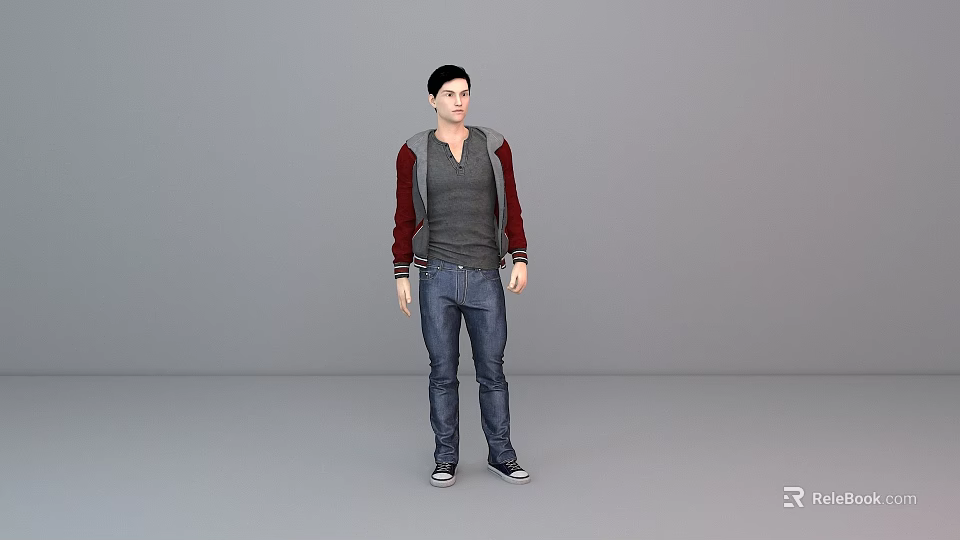 A Man Wearing Gray T-shirt Red And Gray Jacket Blue Jeans Standing Against Gray Background 3d model 