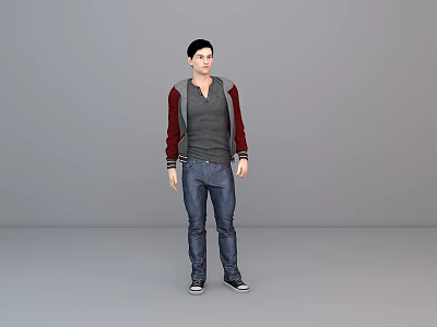 A Man Wearing Gray T-shirt Red And Gray Jacket Blue Jeans Standing Against Gray Background 3d model