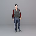 A Man Wearing Gray T-shirt Red And Gray Jacket Blue Jeans Standing Against Gray Background