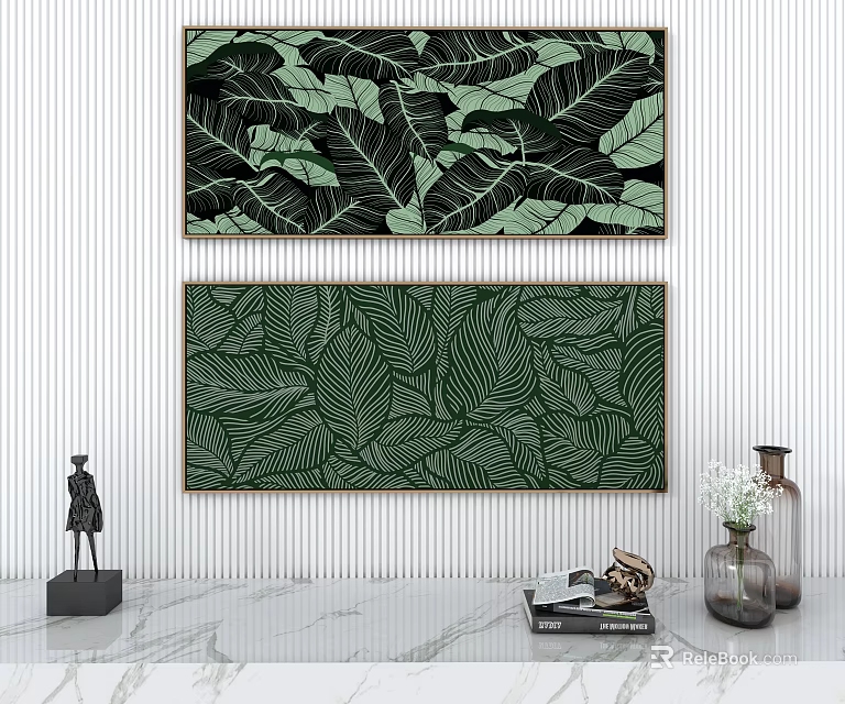 Green Leaf Pattern Wall Art With Decorative Statue Vase And Modern Interior Decor 3d model