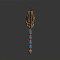 Ornate Axe With Wooden Handle Twisted Rope Green Patterns And Blue Orange Stripes