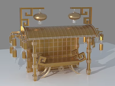 Chinese Style Decorative Furniture With Golden Frame Arched Roof And Hanging Lanterns 3d model