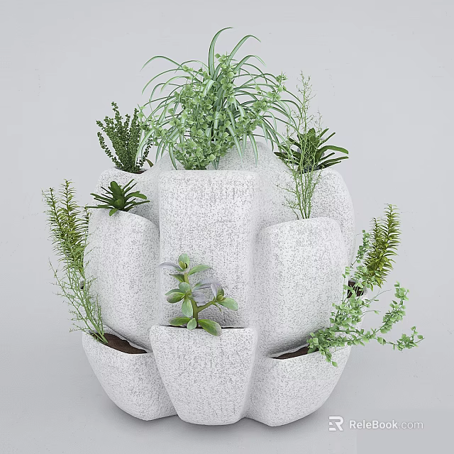 Decorative White Multi Pot Bonsai Potted Plants with Green Succulents and Small Plants 3d model 