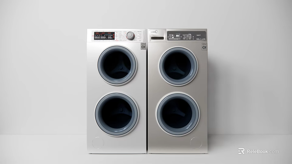 Two Modern Silver Washing Machines Arranged Side by Side in Laundry Room 3d model